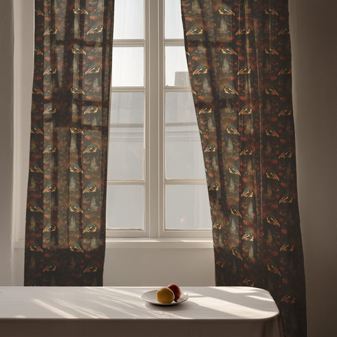 A sheer curtain panel featuring a repeating pattern of amber and forest green peacocks with botanical fan motifs on a dark background, creating a sophisticated Victorian gothic design.